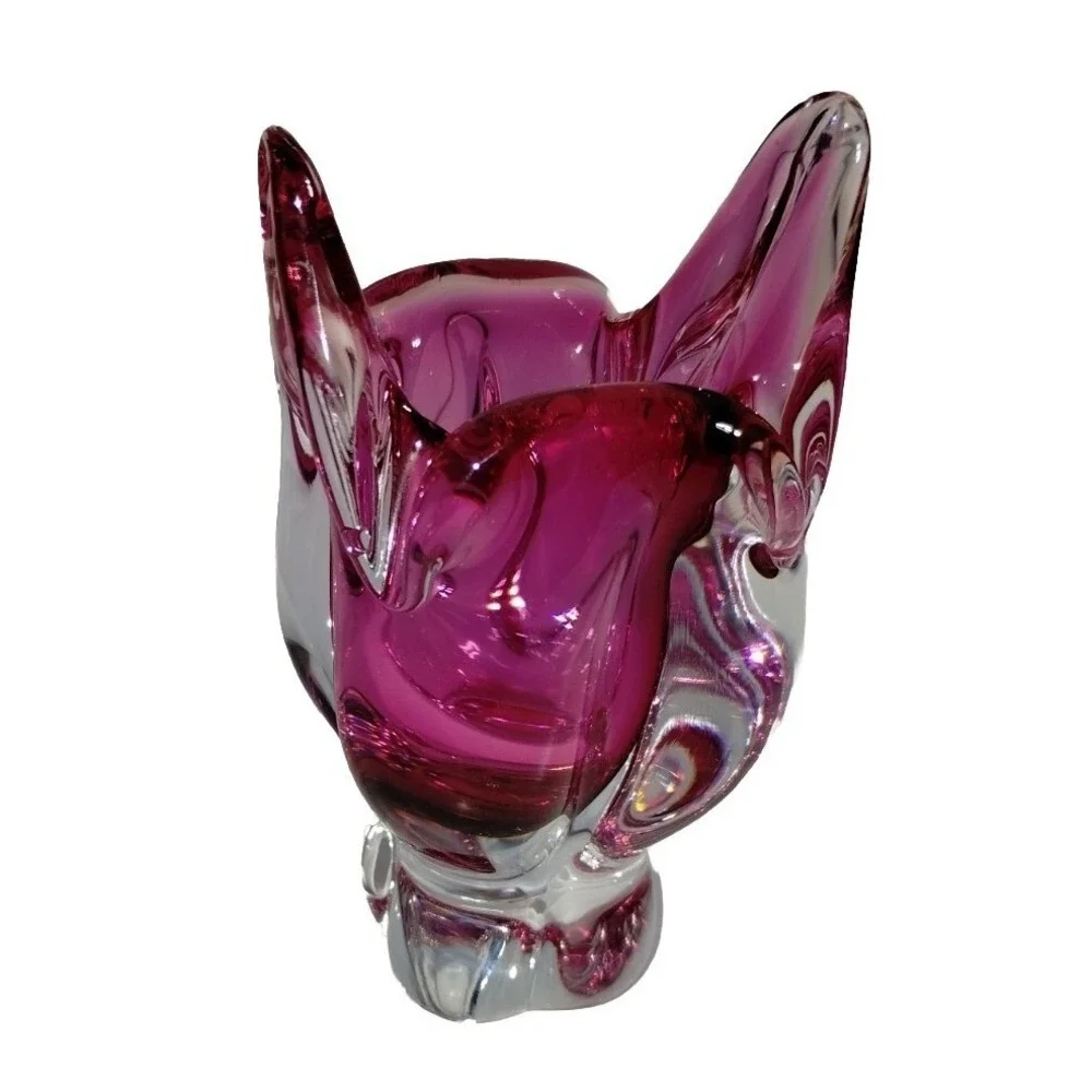 Chribska Cat Head‎ Vase Pink Czech Art Glass Hospodka Sommerso MCM 1960s